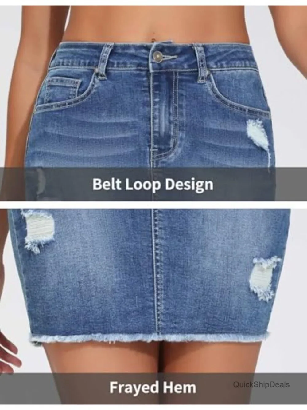 Women's Ripped Denim Mini Skirt High Rise Stretch Bodycon Raw Hem